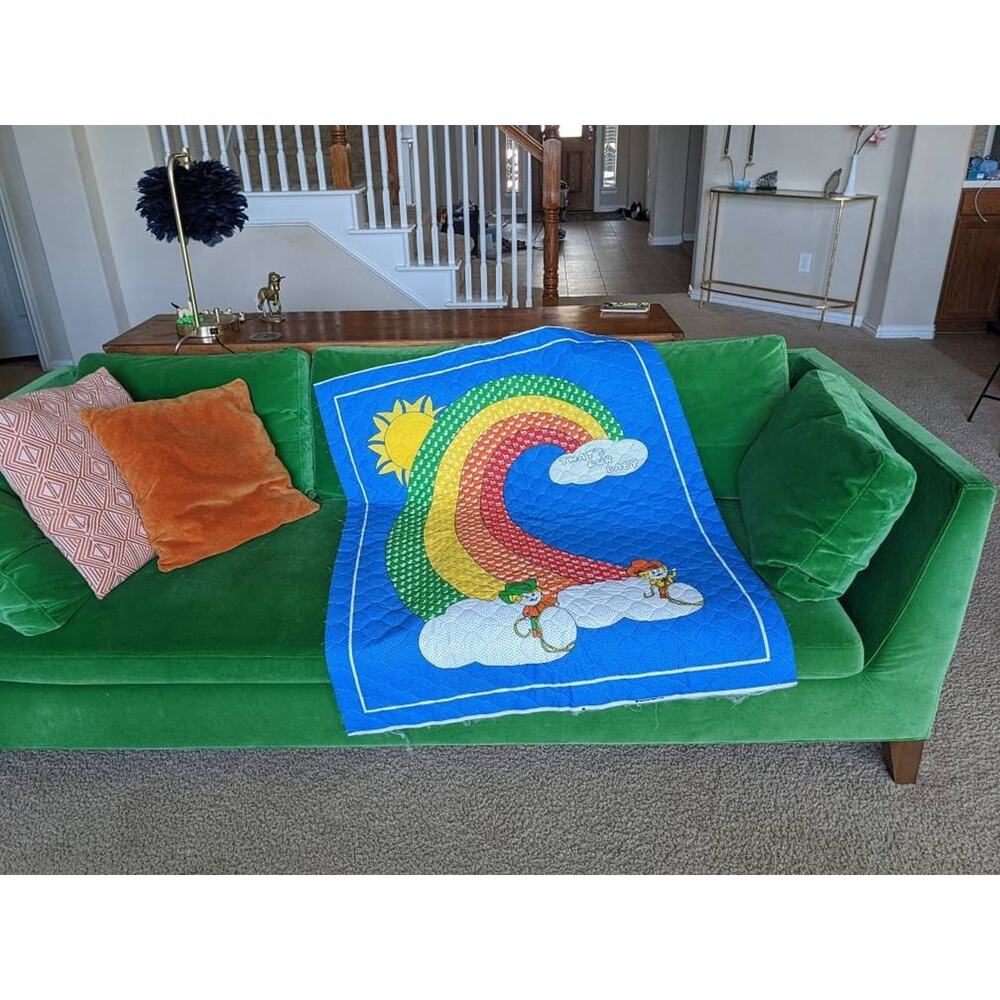 vintage 80s blue RAINBOW Cowgirl & Cowboy BABY BLANKET novelty print toddler
